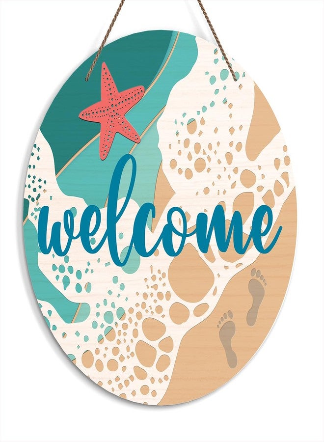 Zmyollo Round Welcome Decorative Sign, Beach Wall Sign, Summer Wooden Hanging Sign With Rope, Beach Wall Art Decoration for Farmhouse, Summer Gifts for Family Friends Colleagues, A02 - Image 1